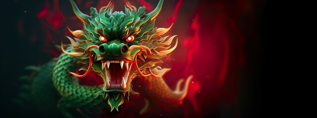Happy Chinese new year card.Chinese green dragon on red background