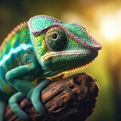 Veiled chameleon perching on green leaf outdoors generated by AI - obrazy, fototapety, plakaty