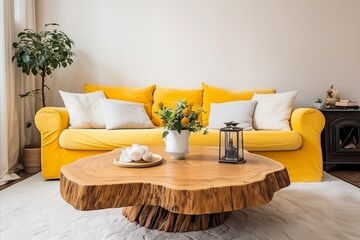 Minimalist Living Room in Forest. Tree Trunk Coffee Table and Yellow Leather Tufted Sofa by Fireplace