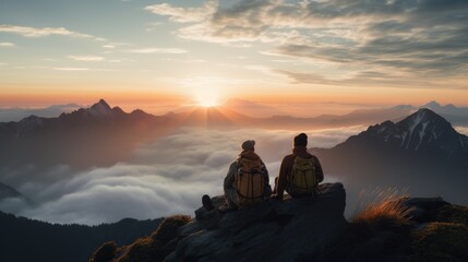 Two mountaineers sit on a peak and look into the rising sun, new beginnings