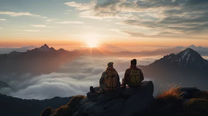Fototapeten Two mountaineers sit on a peak and look into the rising sun, new beginnings © Teppi