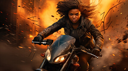 Action shot with black woman on the bike riding away from fire and explosion. Dynamic scene in action movie blockbuster style