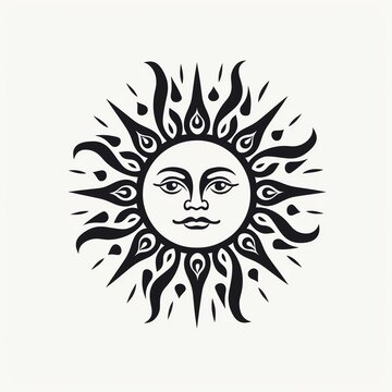 a black and white drawing of a sun with a face