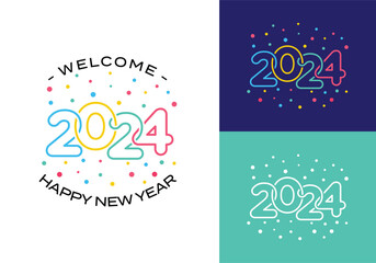 2024 number text happy new year modern line art vector design template