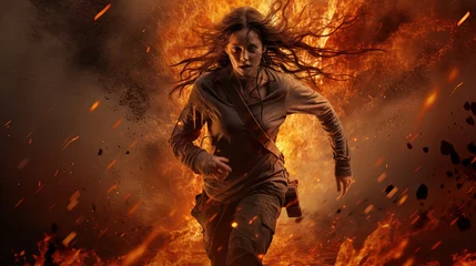 Action shot with woman on the run. Dynamic scene in action movie blockbuster style © swillklitch