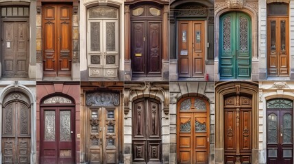 Collage of many wooden vintage front doors to houses and homes.