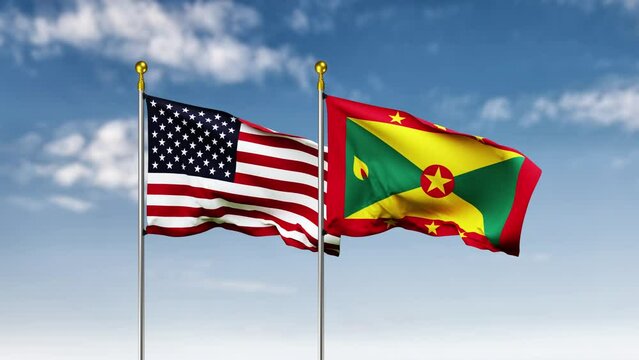 USA or america and grenada flag waving on sky background. 4K Highly Detail 3D Rendered video footage for national or government activity, patriotism and  social media content.