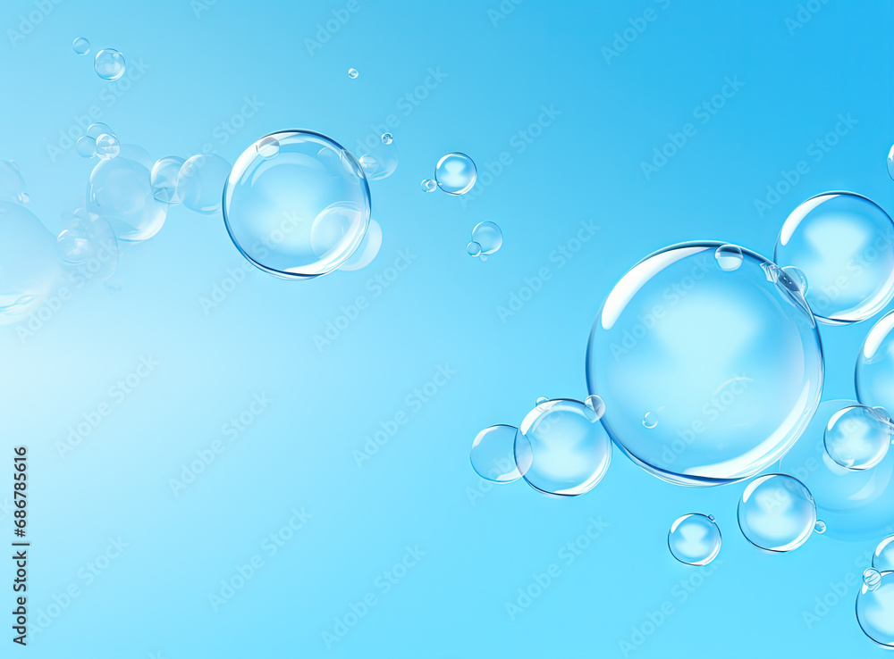 Poster Soaring bubbles on blue background. Abstract soap bubbles floating background