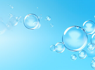 Soaring bubbles on blue background. Abstract soap bubbles floating background