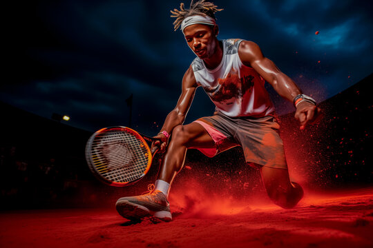 Jugador de tenis, hombre de color con cinta en el pelo llegando a la pelota en un estadio de tenis por la noche con luces de colores - Powered by Adobe
