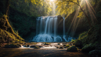 A stunning 3D-rendered nature and landscape wallpaper featuring a waterfall cascading in a lush forest, illuminated by sun rays filtering through the foliage