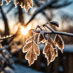 A close-up of frost-covered leaves and branches sparkles in the sunlight, capturing nature's intricate winter textures