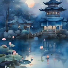 Chinese garden watercolor,generative ai