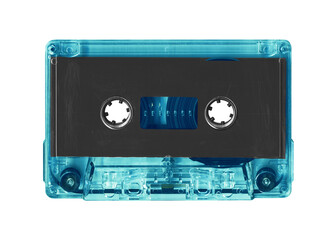 Vintage blue audio cassette tape isolated. Obsolete technology of audio recording and playback format audio cassette tapes, top view. 80s retro music background.