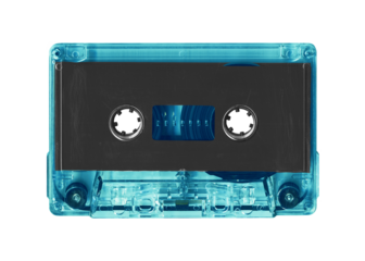 Vintage blue audio cassette tape isolated. Obsolete technology of audio recording and playback format audio cassette tapes, top view. 80s retro music background.