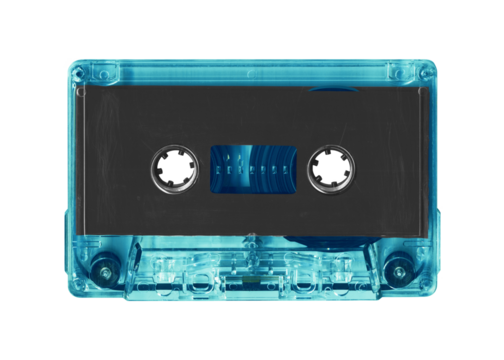 Vintage blue audio cassette tape isolated. Obsolete technology of audio recording and playback format audio cassette tapes, top view. 80s retro music background.
