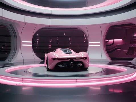 a pink sports car in a round room with round windows