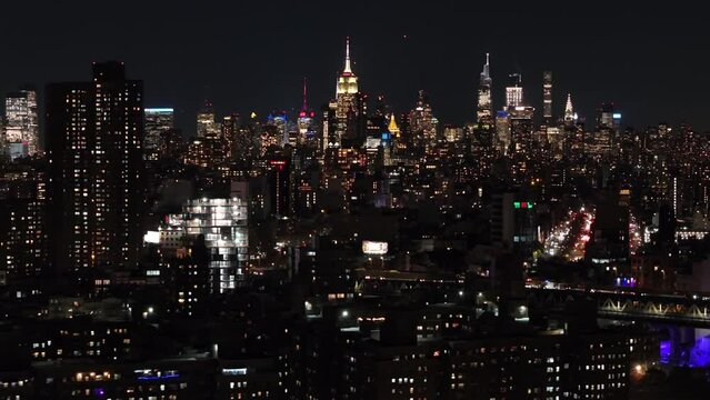 Aerial shot of New York City at night.
