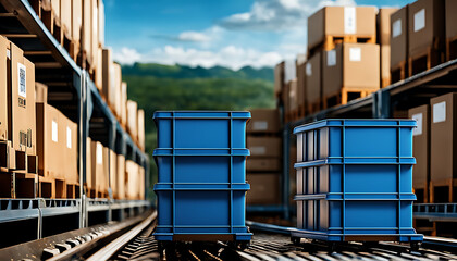 A conveyor belt efficiently transports boxes of varying sizes along its blue automated system for shipping