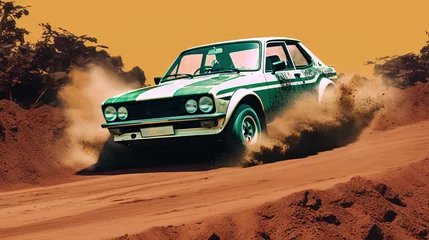 Foto op Canvas Vintage rally car splashing the dirt in retro 70s styled scene © swillklitch