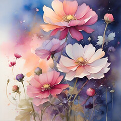 Fototapeta na wymiar Watercolor cosmos flowers, generative ai