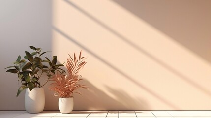 Empty interior with flowers and indoor plants in flower pots. Modern 3d living room, office or gallery with shadows and sunlight from the window on the wall.