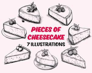 Collection of drawn Pieces of cheesecake. Sketch illustration	