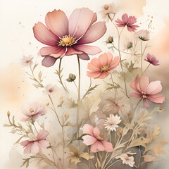 Watercolor cosmos flowers, generative ai