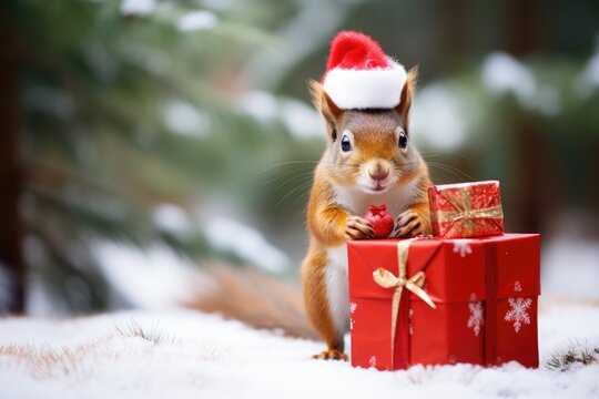 cute squirrel with christmas gift and santa hat