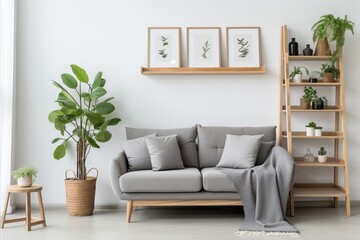Modern Scandinavian Living Room Interior with Stylish Grey Sofa and Elegant Staircase