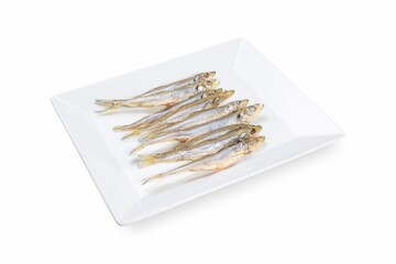 Smoked fish on a white plate from a fish shop
