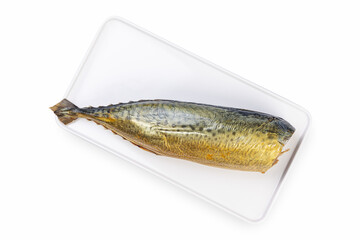 Smoked fish on a white plate from a fish shop
