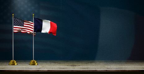 france and USA or america flag wave on dark background. digital illustration for national activity or social media content.