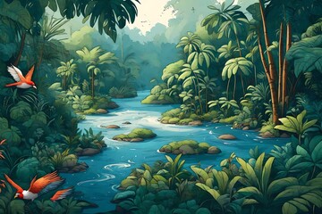 A tropical river surrounded by dense jungle foliage, with exotic birds visible in the trees.