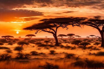 Obraz premium A panoramic view of a vast savannah at dusk, with acacia trees silhouetted against the vibrant sky.