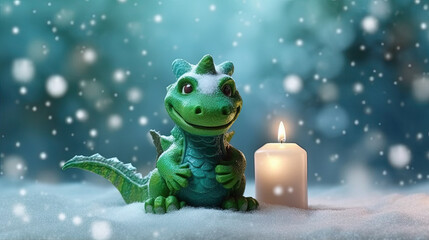Funny cute dragon with candle for winter holidays and 2024 lunar new year celebration