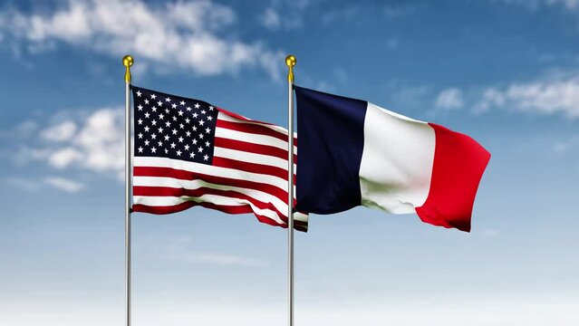 USA or america and france flag waving on sky background. 4K Highly Detail 3D Rendered video footage for national or government activity, patriotism and  social media content.
