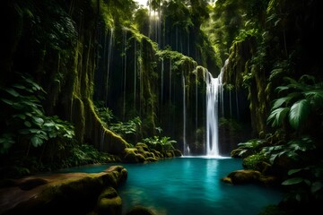 A towering waterfall plunging into a secluded pool surrounded by verdant tropical foliage.