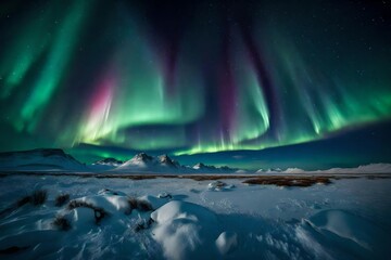 The Northern Lights (Aurora Borealis) dancing over a snowy, untouched Arctic tundra.
