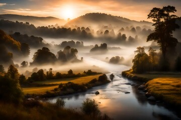 Fototapeta premium Early morning mist rising from a river as it gently winds through a peaceful valley.