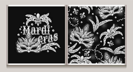 Carnival Mardi Gras pattern, label with fleur de lis symbol, feathers, carnival mask, scattered beads, text. For prints, clothing, t shirt, surface design. Vintage illustration. Not AI