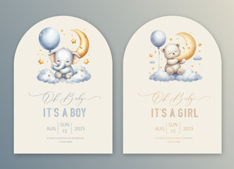 Cute baby shower watercolor arch invitation card with bear and elephant pilot on an airplane. Hello baby calligraphy. - obrazy, fototapety, plakaty
