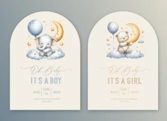 Fotobehang Olifant Cute baby shower watercolor arch invitation card with bear and elephant pilot on an airplane. Hello baby calligraphy.