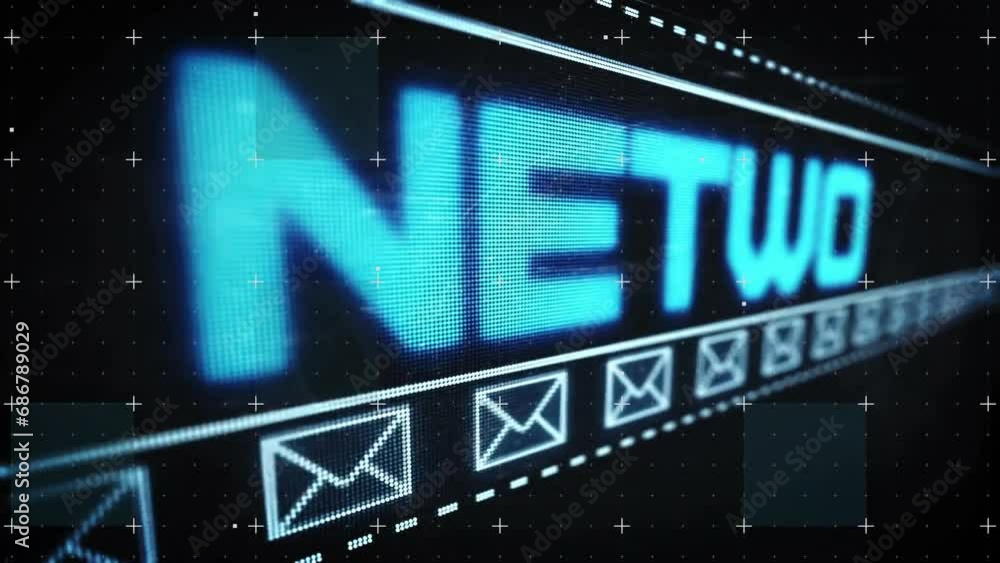 Poster animation of social network text and email icons on black background