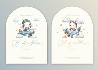 Cute baby shower watercolor invitation card with rabbit pilot on an airplane. Hello baby calligraphy.