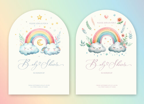 Cute baby shower watercolor invitation card with rainbow and cloud. Hello baby calligraphy.