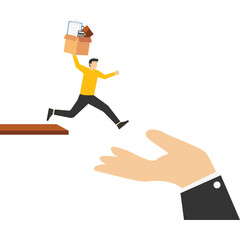 Concept Change job, leave the company for a new career opportunity, confident brave businessman carrying stuff running away jumping from cliff to help giant hand, the decision to change employer conce