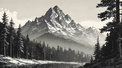 Mountain landscape with lake and forest. Black and white illustration.
