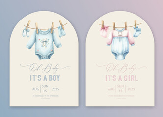 Cute baby shower watercolor arch invitation card with newborn clothes. Hello baby calligraphy.