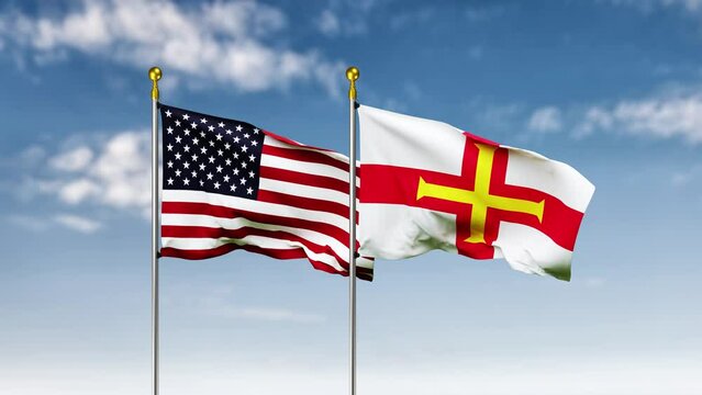 USA or america and guernsey flag waving on sky background. 4K Highly Detail 3D Rendered video footage for national or government activity, patriotism and  social media content.